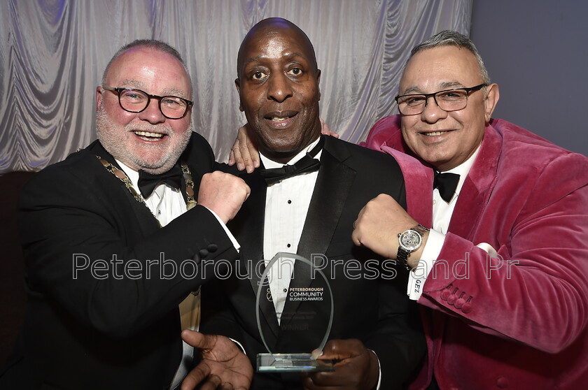 DAL6352 
 Peterborough Community Business Awards at the Marriott Hotel. Deputy Mayor Cllr Wayne Fitzgerald with Clifton Findley and Gez Chetal